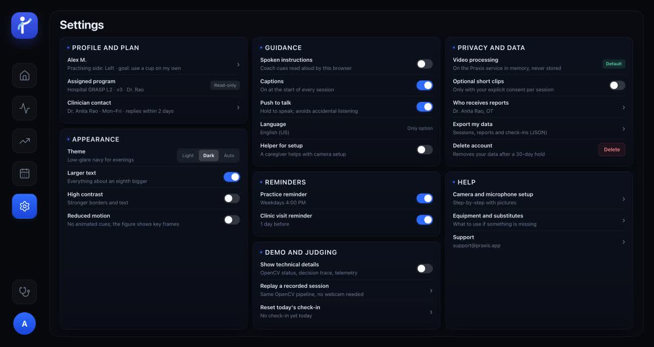 The same Praxis settings screen in dark mode