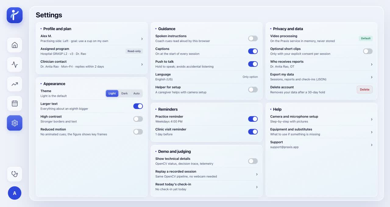 Praxis settings in light mode with appearance, guidance, reminders and privacy controls