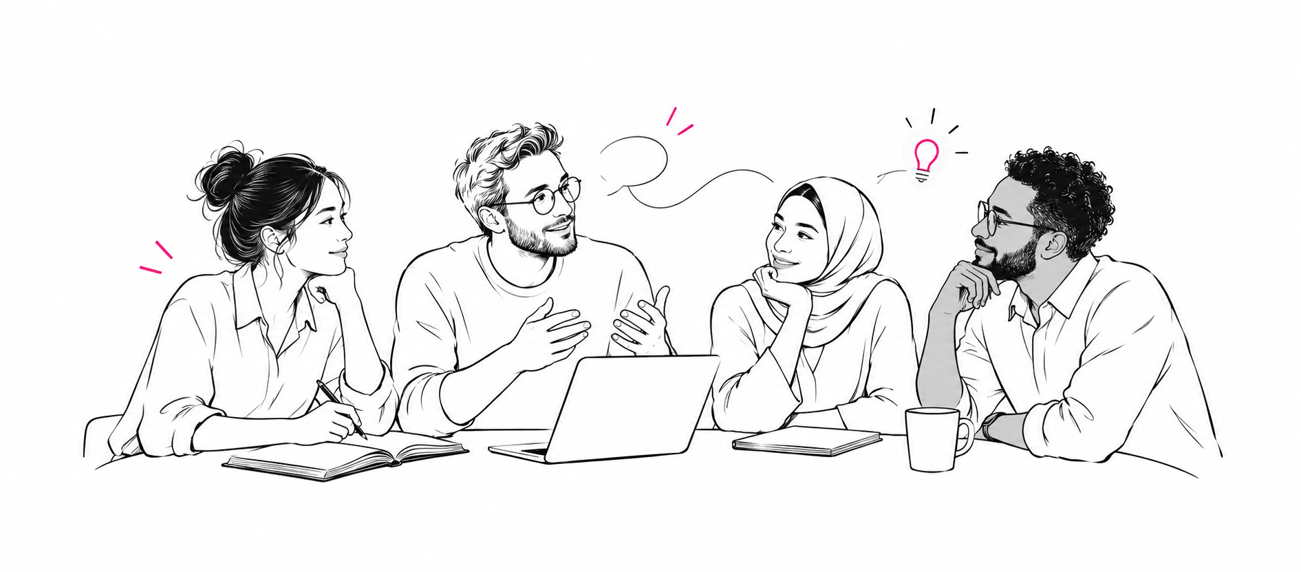 Editorial illustration of a diverse group of adults discussing ideas around a laptop and notebooks.