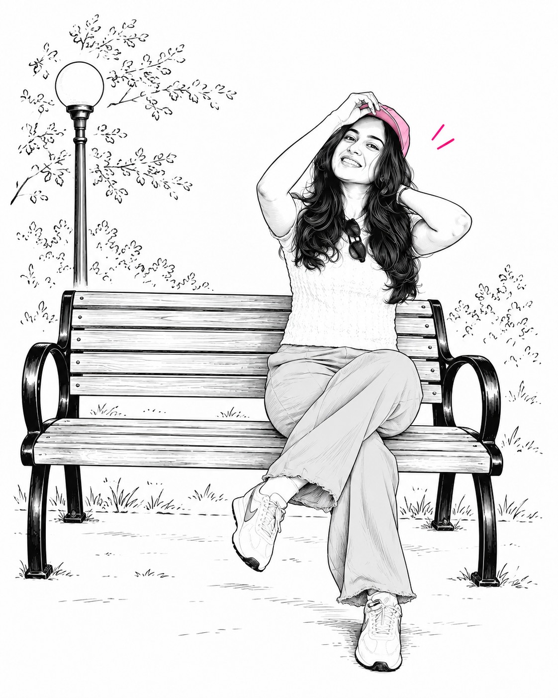 Illustrated portrait of Rinky Mahajan smiling on a park bench, with fine black linework and pink accents.