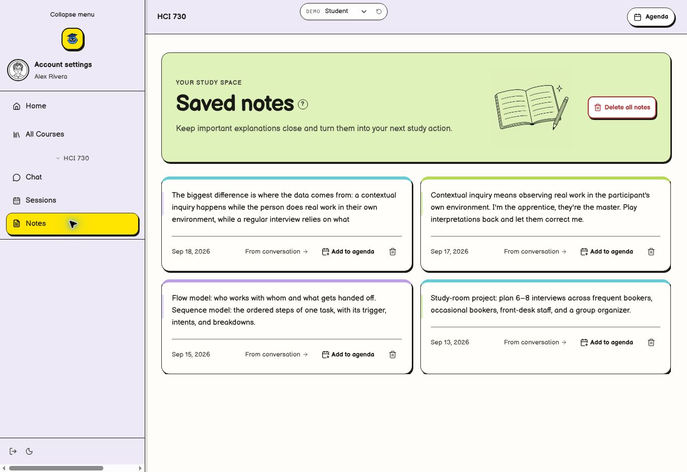 Saved notes with source-conversation links and agenda actions
