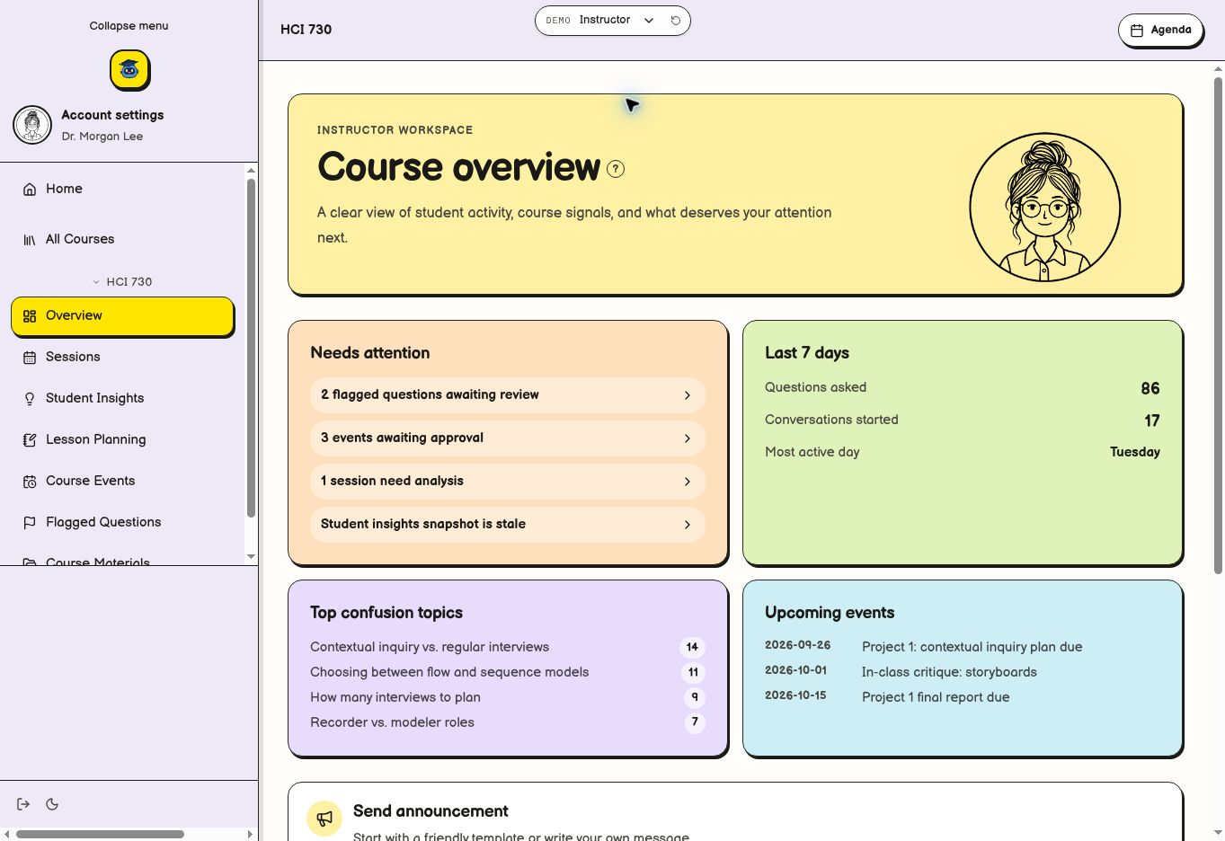Instructor overview showing attention items, course activity, and upcoming events